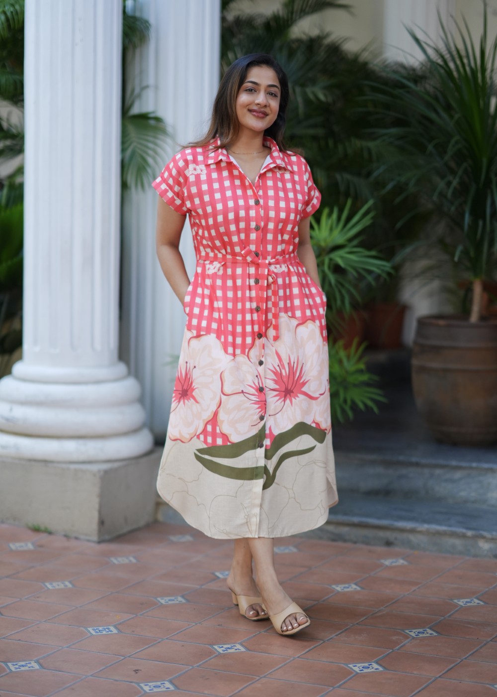 Coral Check Linen
